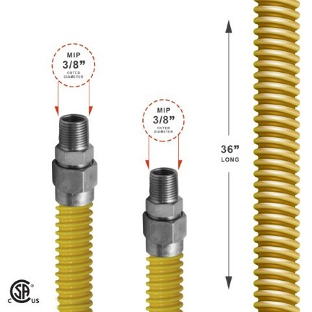 Flextron Gas Line Hose 3/8'' O.D.x36'' Len 3/8" MIP Fittings Yellow Coated Stainless Steel Flexible Connector FTGC-YC14-36G